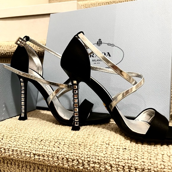Prada Black Silver Satin Leather Diamond Jeweled CrissCross Ankle Strap Sandals - Picture 5 of 12